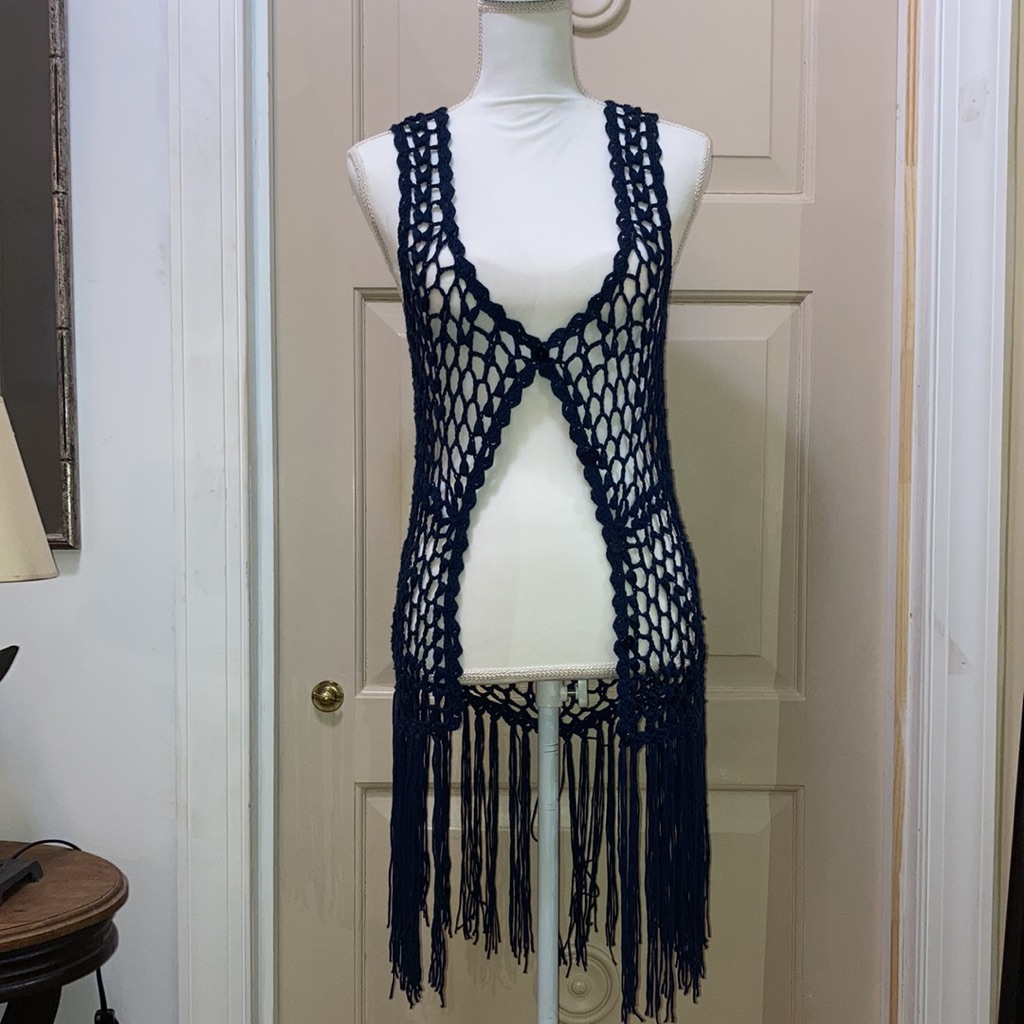 Alberto Malakai Sz M Gorgeous Navy Crocheted Fringed Festival Vest Bohemian Sexy